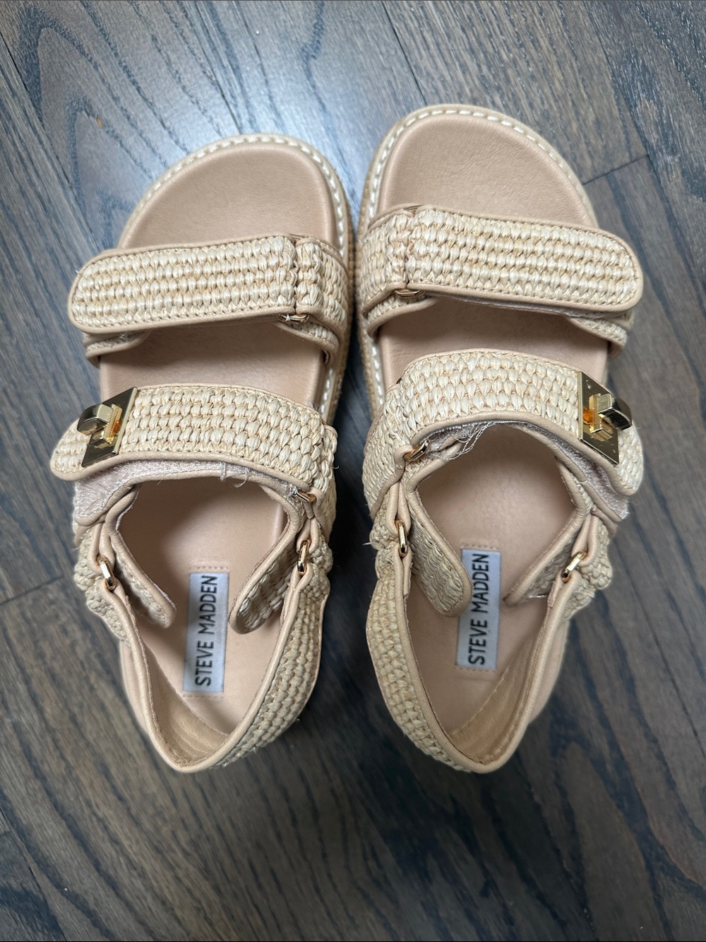 Steve Madden Bigmona Natural Raffia Platform Sandals with Gold Accents